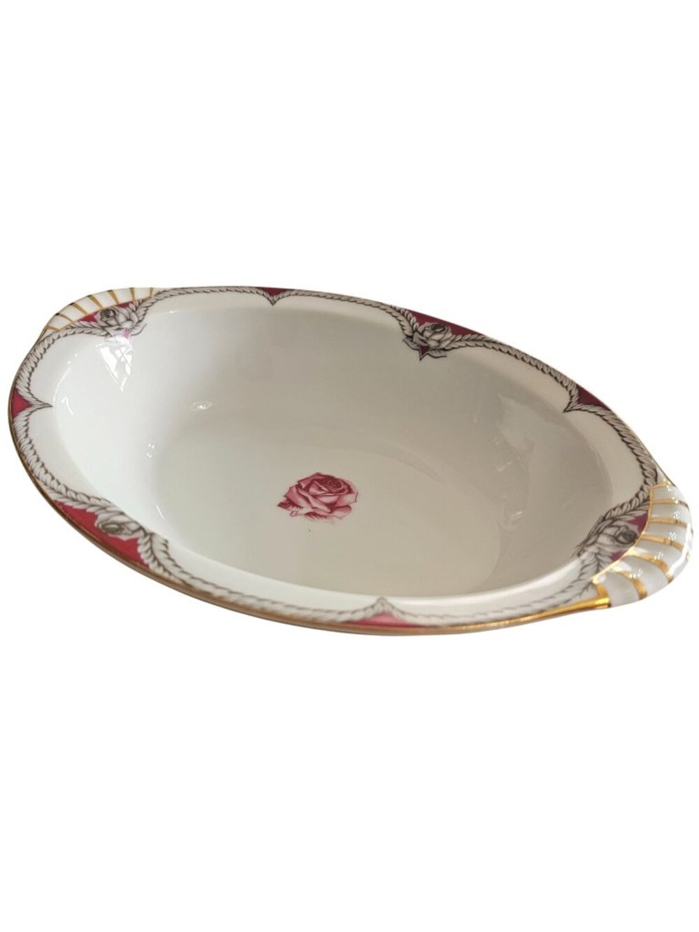 Narumi china Victory Oval Serving Bowl 11" pink grey rose gray laurel maroon tri